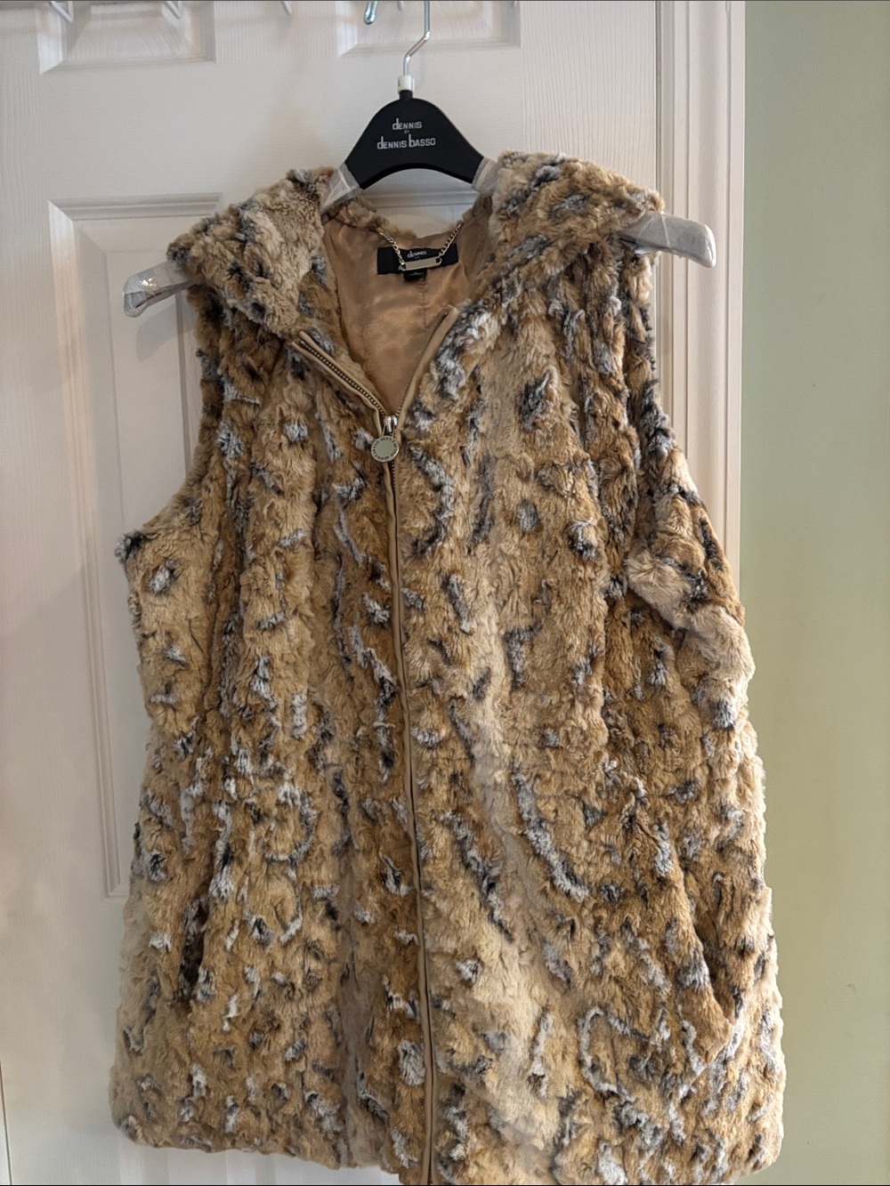 Faux Fur Hooded Vest in Beige and Gray by Dennis Basso